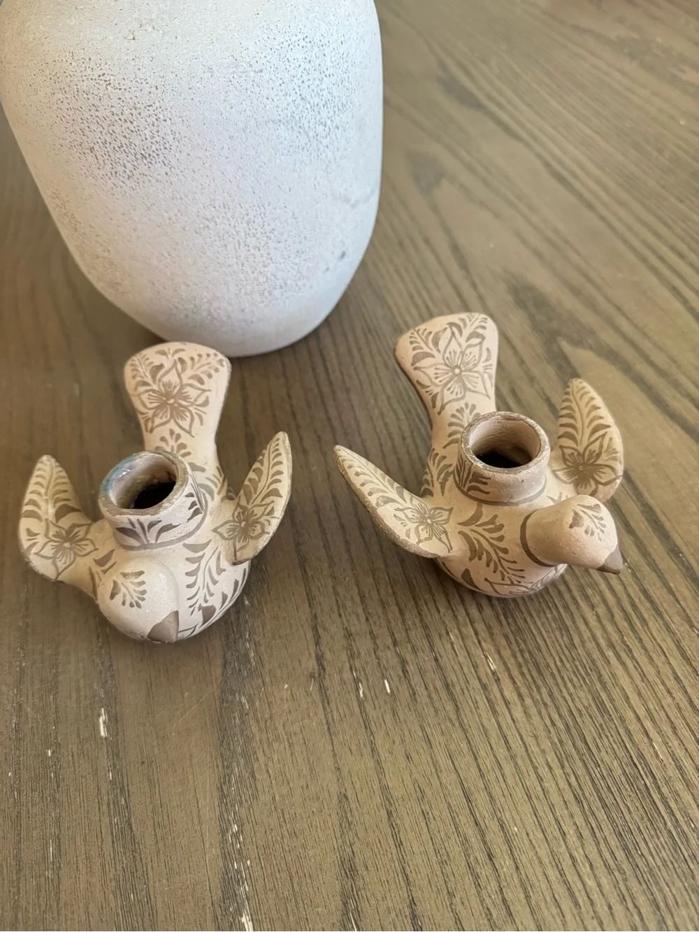 Vintage Hand-Painted Ceramic Bird Candle Holders — Beige